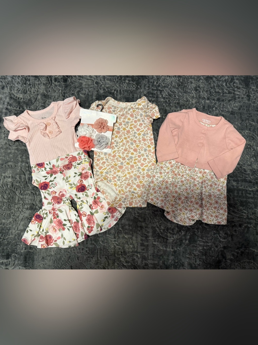 Baby Girl Bundle Floral & Pink Baby Outfit Set - Floral Onesie, Skirt & Cardigan